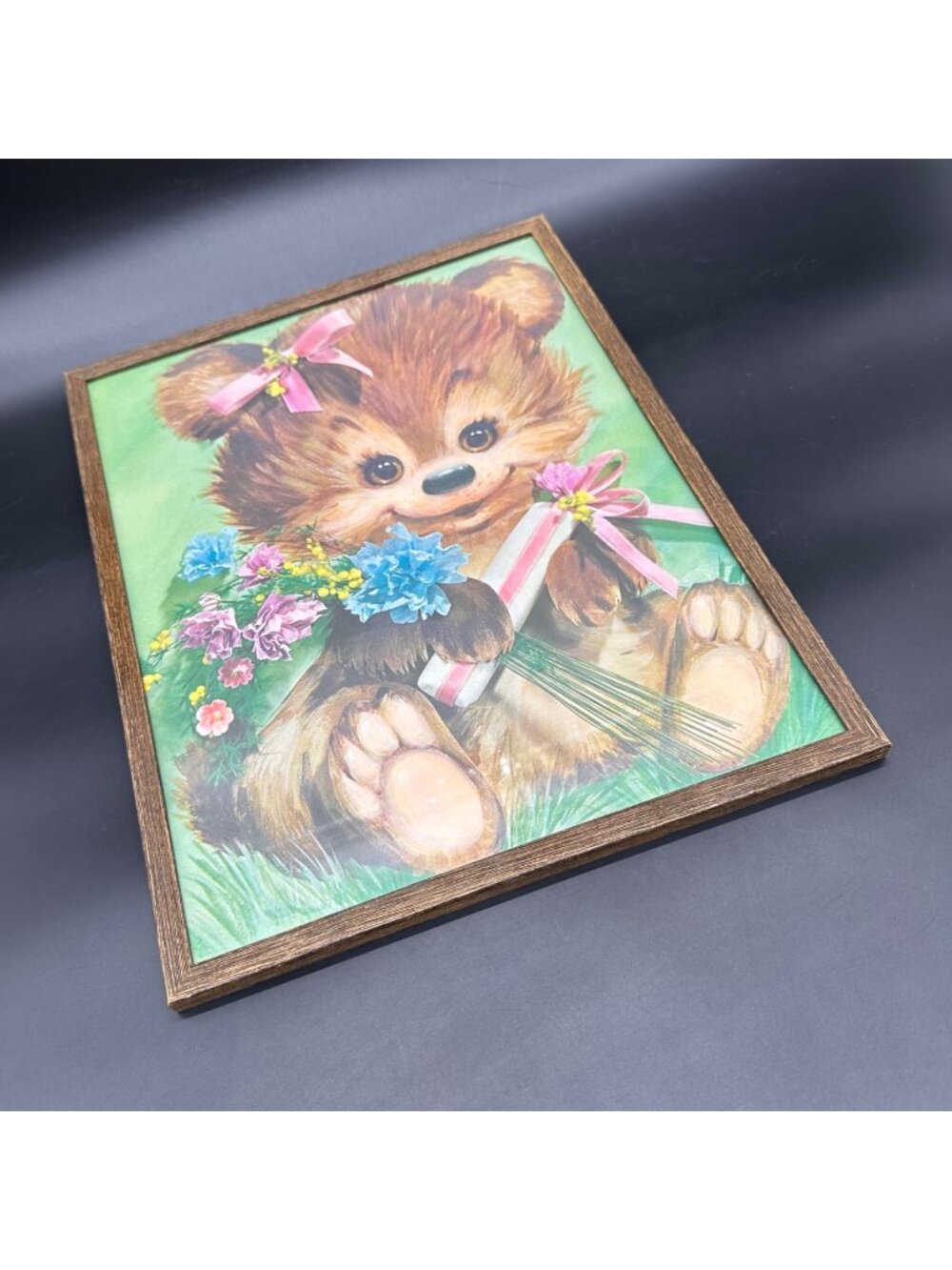 Vintage Teddy Bear Wall Hanging 1950s Kitschy Mid Century Floral Wooden Frame